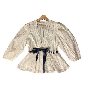 Elegant Free People White Blouse with Navy Ribbon
